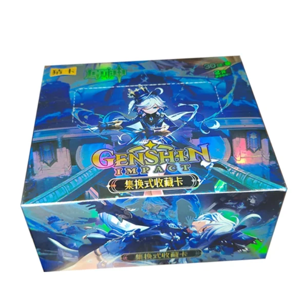 Une boîte de cartes Genshin Impact Cards Série 4, illustrant un personnage du jeu vidéo Genshin Impact sur l'emballage, avec des designs colorés.