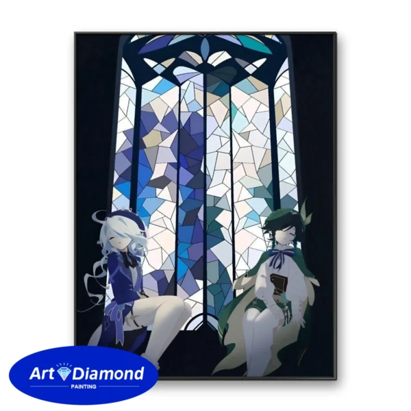 Affichage des différentes caractéristiques de la toile en velours pour le kit de broderie diamant DIY Genshin Impact, comprenant la toile en velours, la dentelle embossée, la colle appliquée au pinceau et l'effet final.
