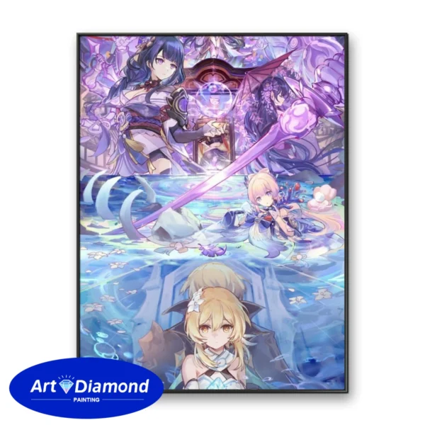 Image du kit de broderie diamant DIY Genshin Impact, représentant des personnages féminins du jeu. Idéal pour une décoration murale éclatante et personnalisée.